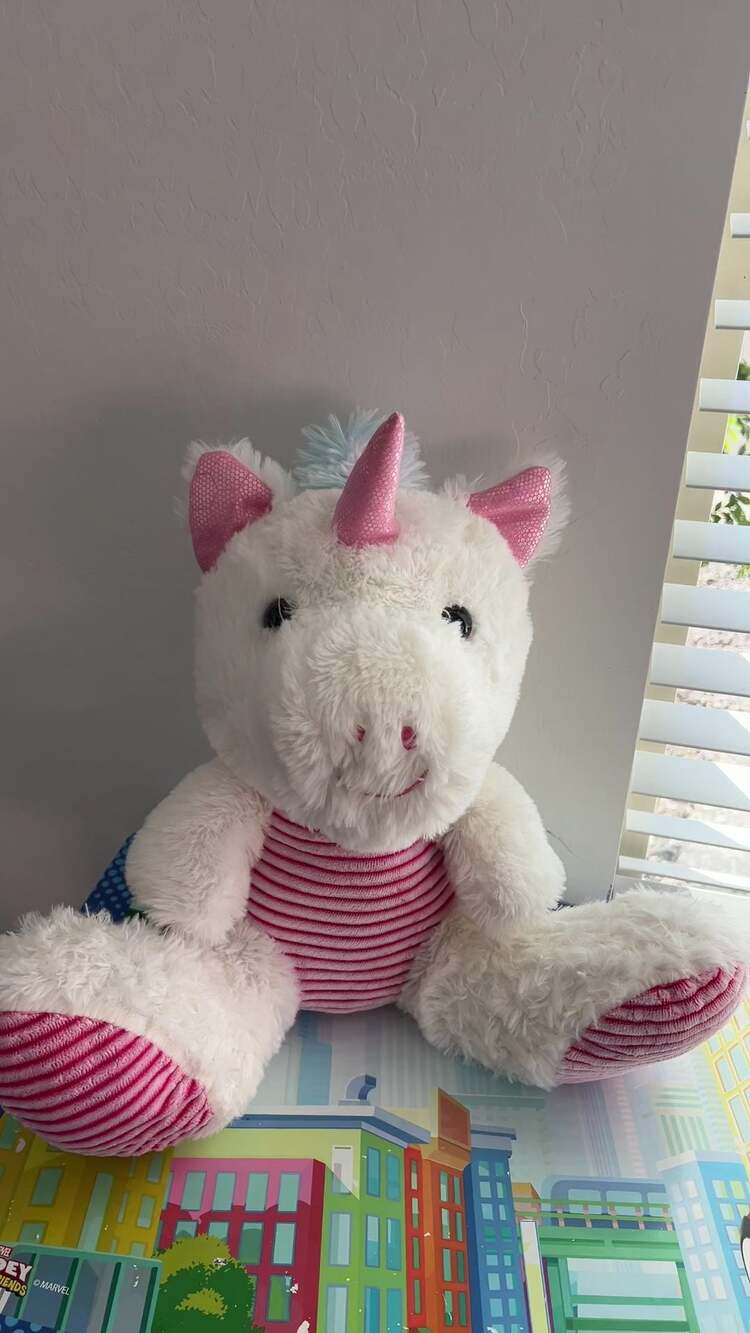 White Plush Unicorn with Pink Ribbed Tummy